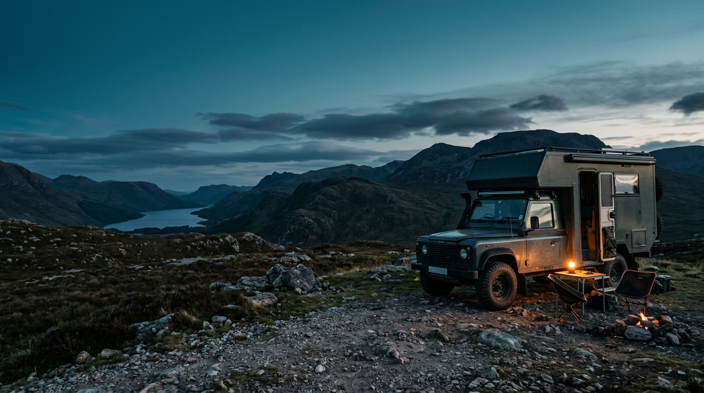 An expedition truck at a remote mountain campsite at dusk
